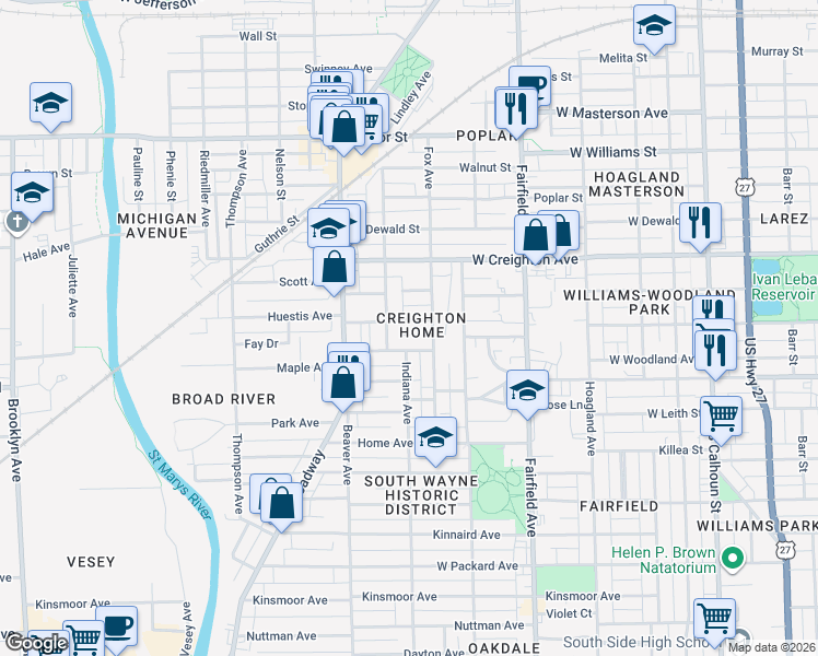 map of restaurants, bars, coffee shops, grocery stores, and more near in Fort Wayne