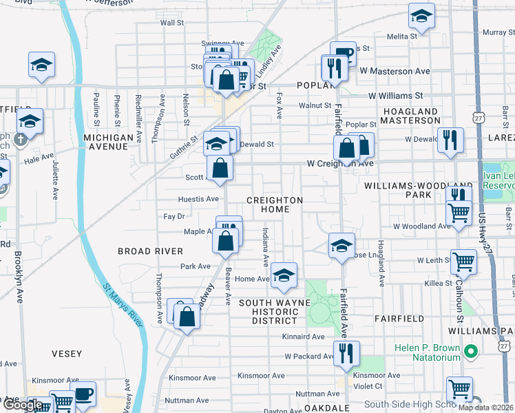map of restaurants, bars, coffee shops, grocery stores, and more near 2429 Miner Street in Fort Wayne