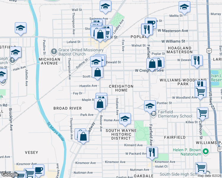 map of restaurants, bars, coffee shops, grocery stores, and more near 2429 Miner Street in Fort Wayne