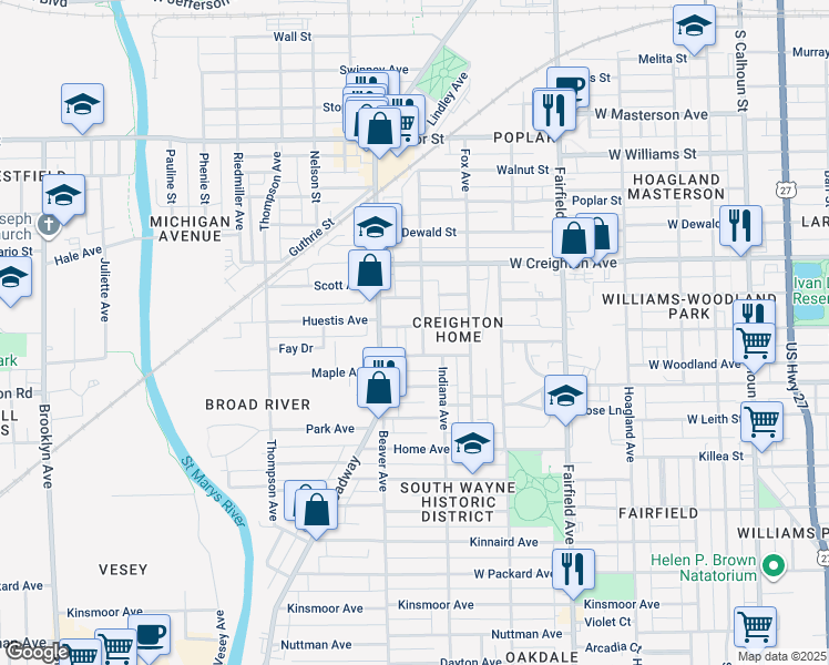map of restaurants, bars, coffee shops, grocery stores, and more near 2429 Miner Street in Fort Wayne