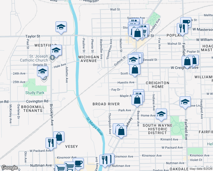 map of restaurants, bars, coffee shops, grocery stores, and more near 1360 Huestis Avenue in Fort Wayne