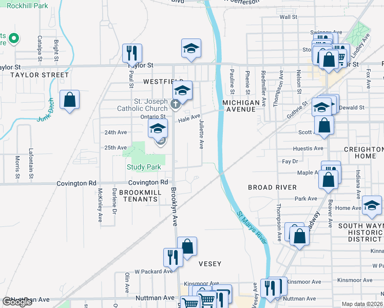 map of restaurants, bars, coffee shops, grocery stores, and more near 2431 Carlton Court in Fort Wayne