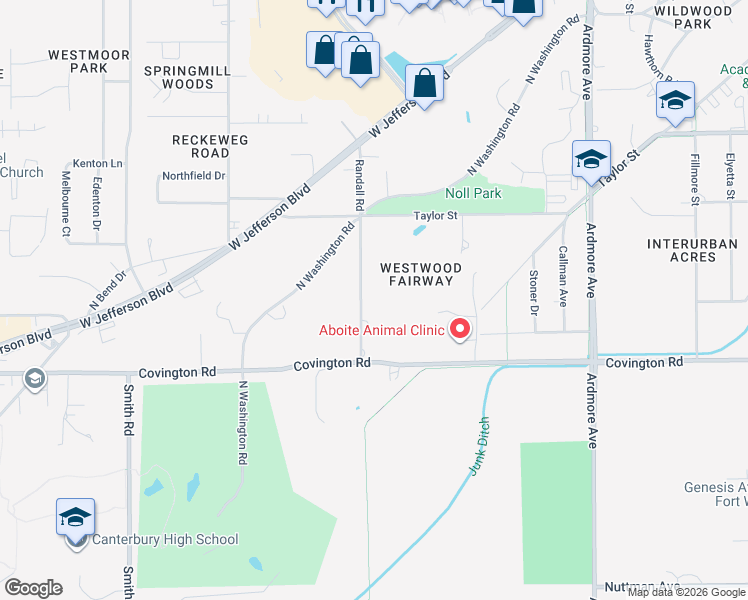map of restaurants, bars, coffee shops, grocery stores, and more near 2305 Randall Road in Fort Wayne