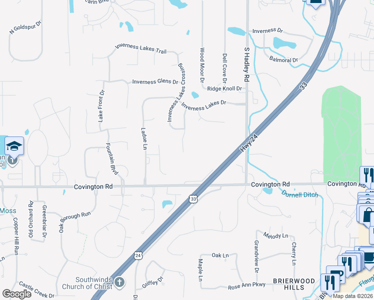 map of restaurants, bars, coffee shops, grocery stores, and more near 2411 Lake Ridge Drive in Fort Wayne