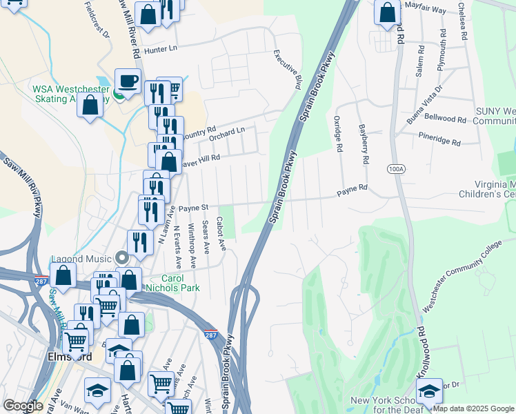 map of restaurants, bars, coffee shops, grocery stores, and more near 117 Payne Street in Elmsford