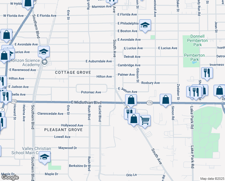 map of restaurants, bars, coffee shops, grocery stores, and more near 3704 Sunset Drive in Youngstown