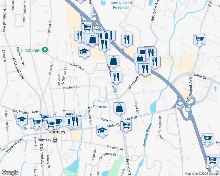 map of restaurants, bars, coffee shops, grocery stores, and more near 115 Franklin Turnpike in Ramsey