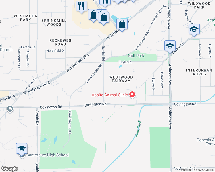 map of restaurants, bars, coffee shops, grocery stores, and more near 2305 Randall Road in Fort Wayne