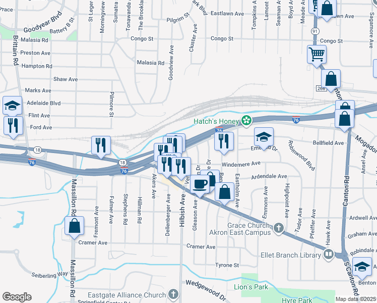 map of restaurants, bars, coffee shops, grocery stores, and more near 11 Verdun Drive in Akron