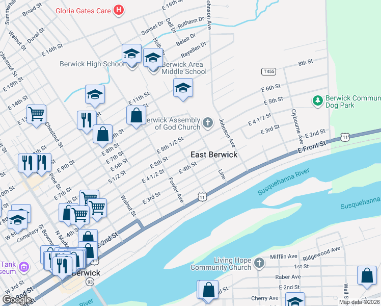 map of restaurants, bars, coffee shops, grocery stores, and more near 711 East 4 1/2 Street in Berwick