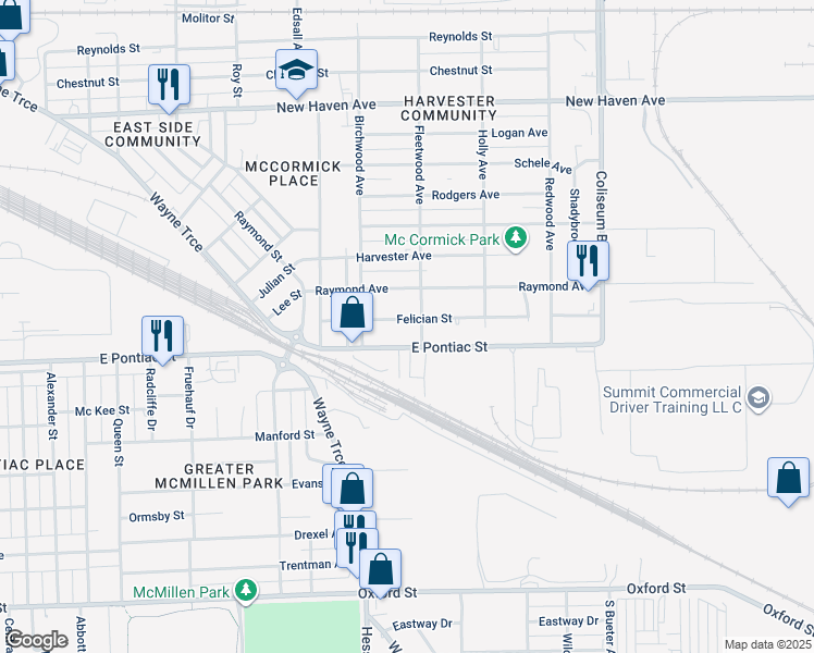 map of restaurants, bars, coffee shops, grocery stores, and more near 3318 Felician Street in Fort Wayne