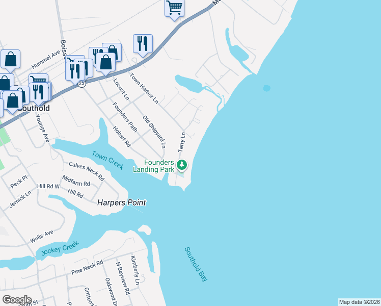map of restaurants, bars, coffee shops, grocery stores, and more near 355 Terry Lane in Southold