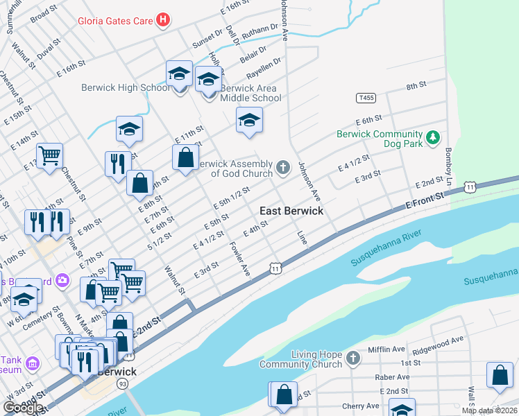 map of restaurants, bars, coffee shops, grocery stores, and more near 711 East 4 1/2 Street in Berwick