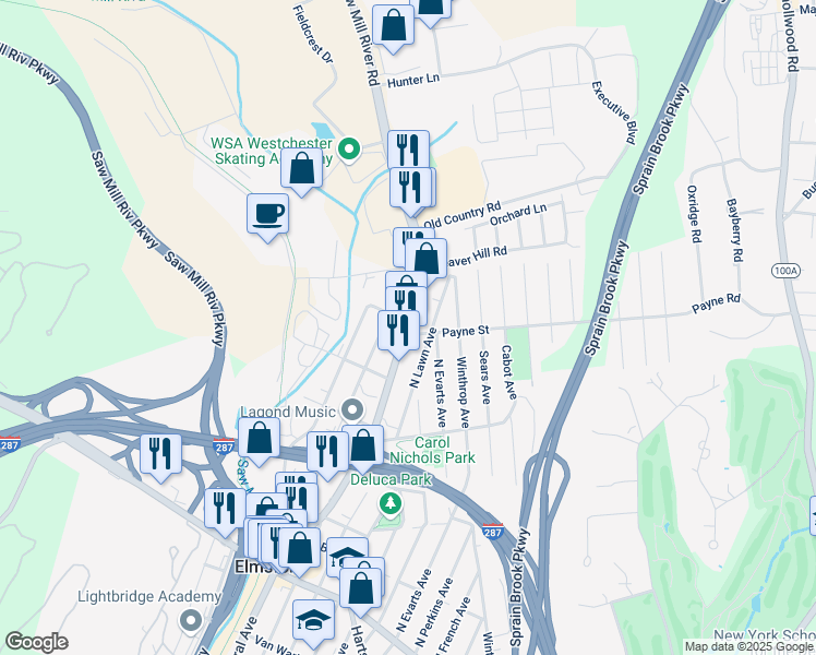 map of restaurants, bars, coffee shops, grocery stores, and more near 380 North Saw Mill River Road in Elmsford