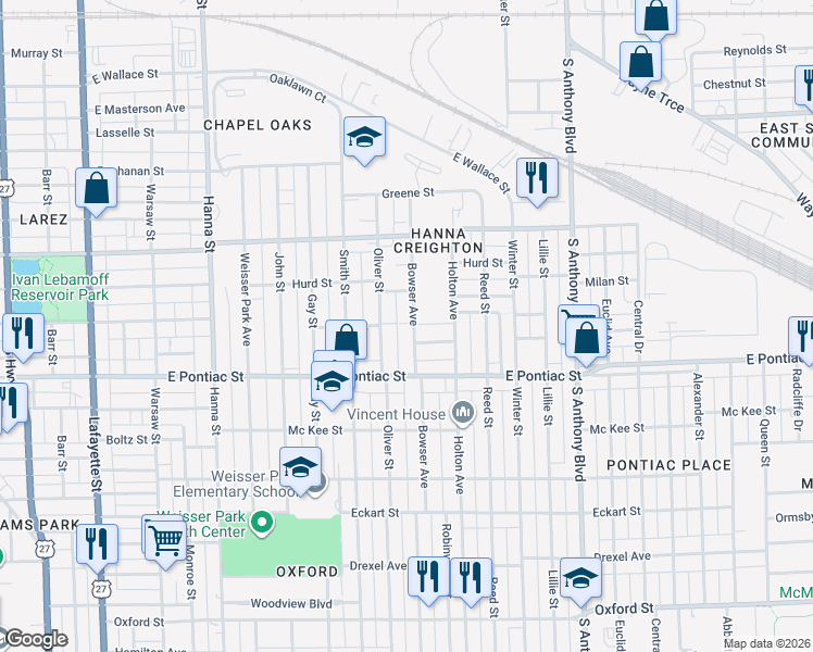 map of restaurants, bars, coffee shops, grocery stores, and more near 2516 Bowser Avenue in Fort Wayne