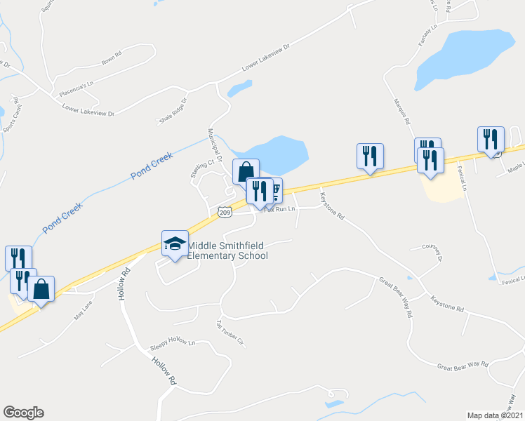 map of restaurants, bars, coffee shops, grocery stores, and more near Foxmoor Drive in East Stroudsburg