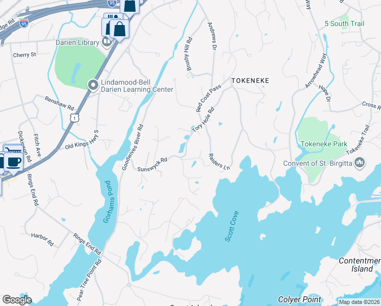 map of restaurants, bars, coffee shops, grocery stores, and more near 30 Sunswyck Road in Darien