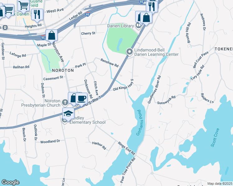 map of restaurants, bars, coffee shops, grocery stores, and more near 262 Old Kings Highway South in Darien
