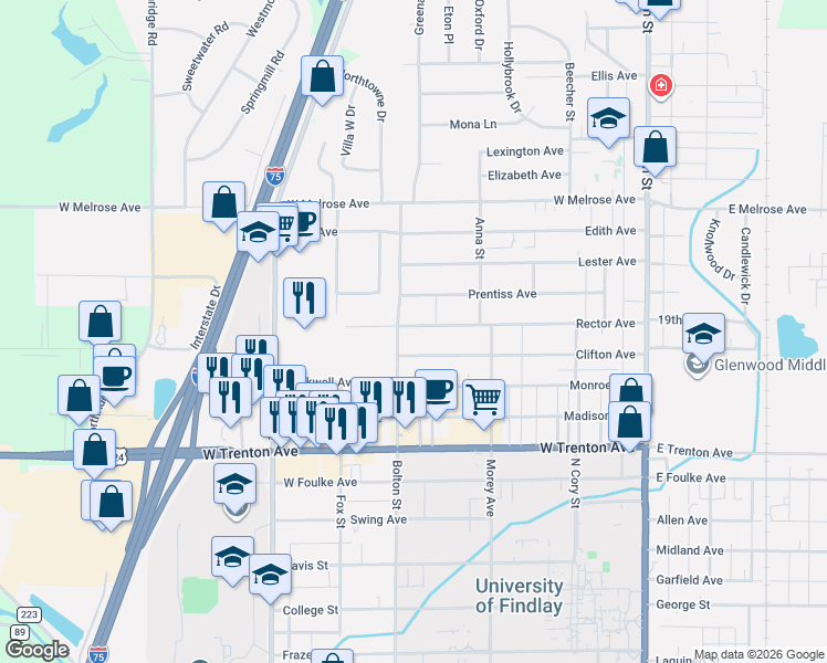 map of restaurants, bars, coffee shops, grocery stores, and more near 532 Rector Avenue in Findlay