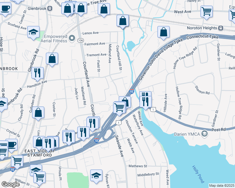 map of restaurants, bars, coffee shops, grocery stores, and more near 4 Hamilton Court in Stamford