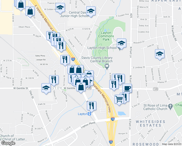 map of restaurants, bars, coffee shops, grocery stores, and more near 142 Green Drive in Layton