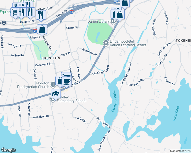 map of restaurants, bars, coffee shops, grocery stores, and more near 262 Old Kings Highway South in Darien