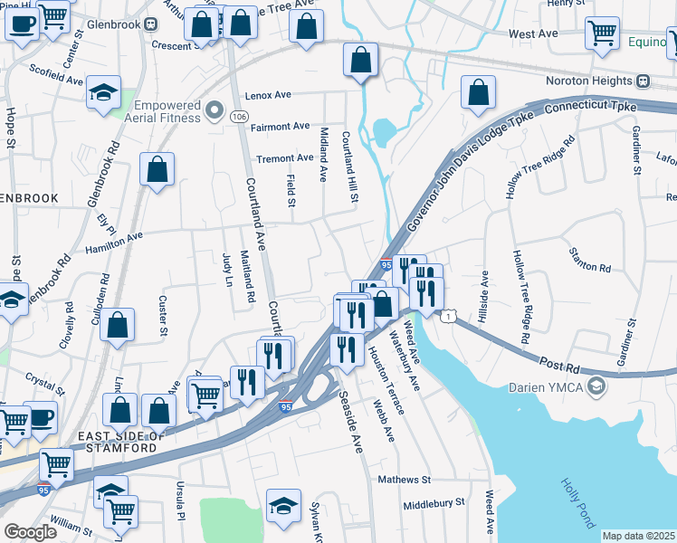 map of restaurants, bars, coffee shops, grocery stores, and more near 326 Hamilton Avenue in Stamford