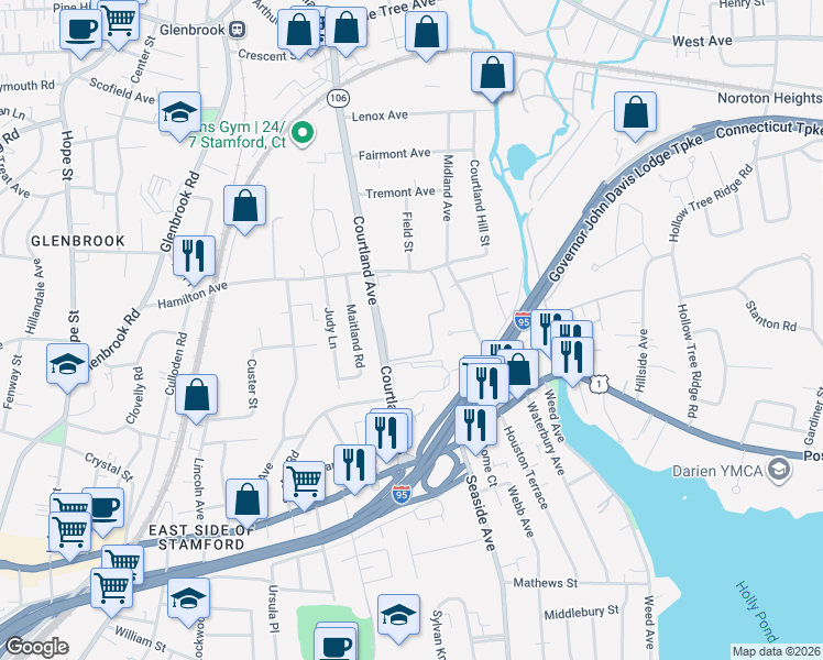 map of restaurants, bars, coffee shops, grocery stores, and more near 131 Courtland Avenue in Stamford
