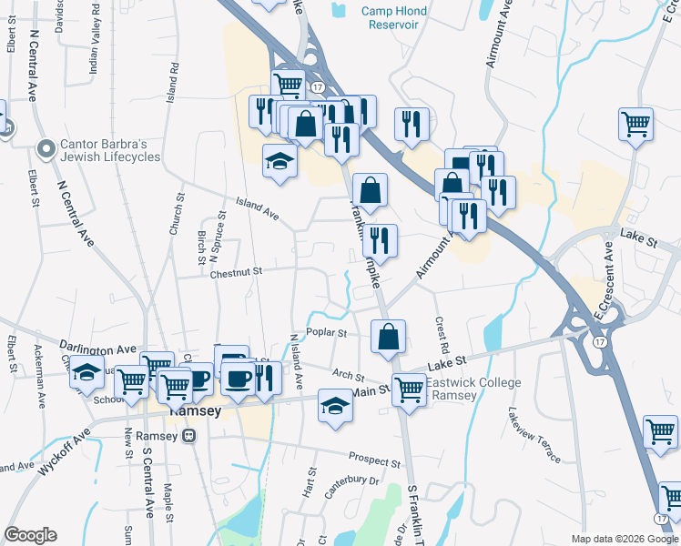 map of restaurants, bars, coffee shops, grocery stores, and more near 23 Thornhill Drive in Ramsey