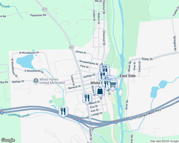 map of restaurants, bars, coffee shops, grocery stores, and more near 203 Pine St in White Haven