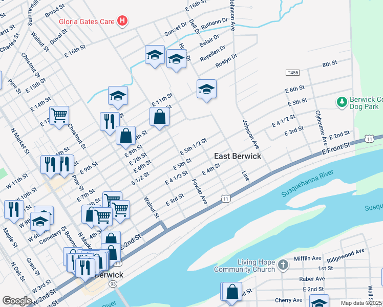 map of restaurants, bars, coffee shops, grocery stores, and more near 5th and a Half Street in Berwick