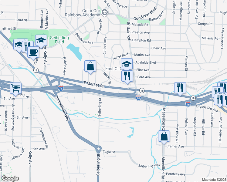 map of restaurants, bars, coffee shops, grocery stores, and more near 1621 East Market Street in Akron