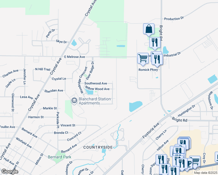 map of restaurants, bars, coffee shops, grocery stores, and more near 1493 Southwood Avenue in Findlay