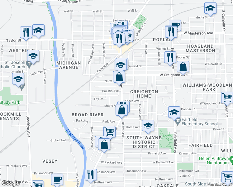 map of restaurants, bars, coffee shops, grocery stores, and more near 1220 Huestis Avenue in Fort Wayne