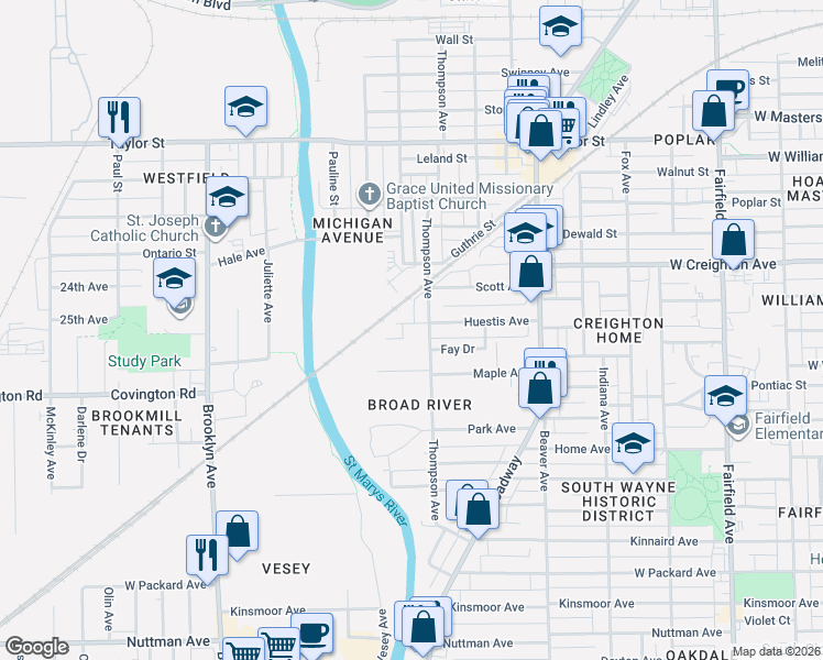 map of restaurants, bars, coffee shops, grocery stores, and more near 1438 Huestis Avenue in Fort Wayne