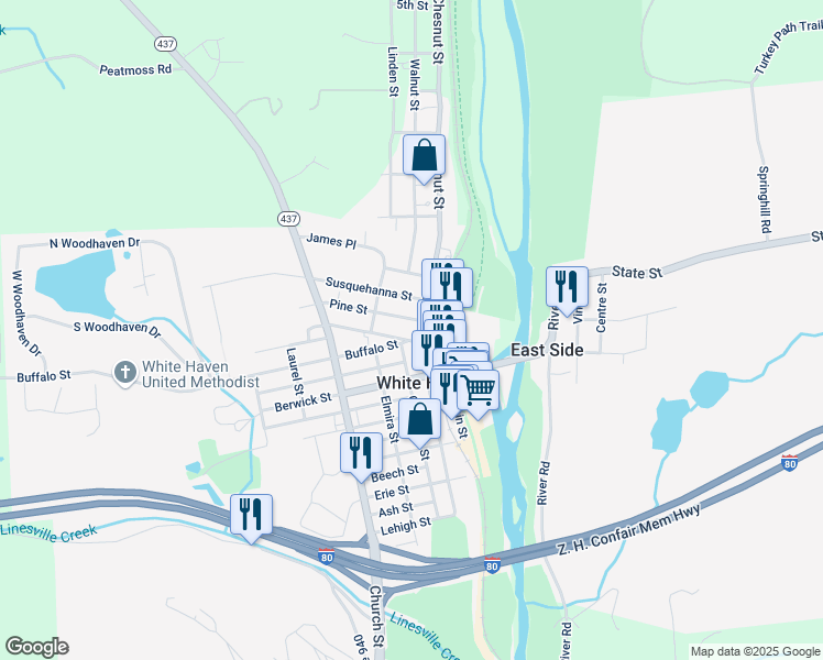 map of restaurants, bars, coffee shops, grocery stores, and more near 201 Main Street in White Haven