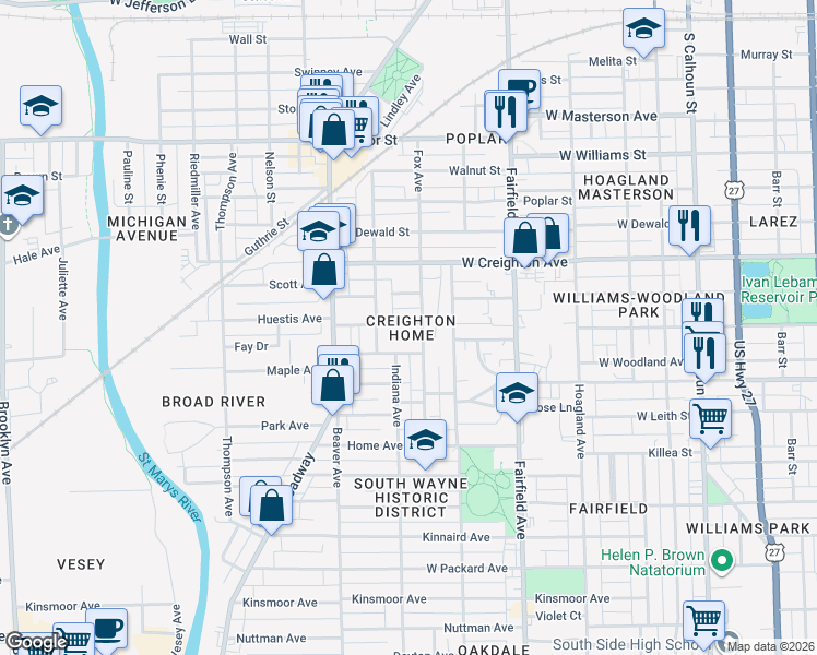 map of restaurants, bars, coffee shops, grocery stores, and more near 815 Huestis Avenue in Fort Wayne