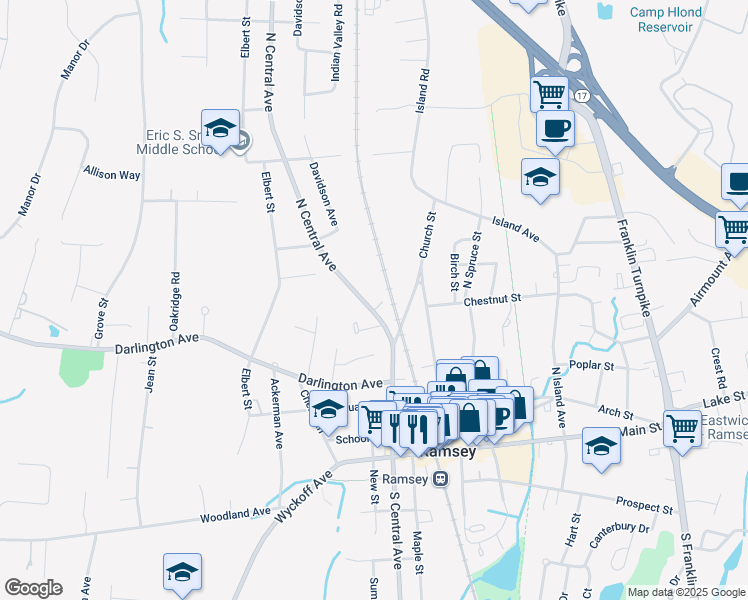 map of restaurants, bars, coffee shops, grocery stores, and more near 154 North Central Avenue in Ramsey