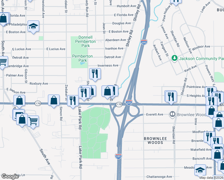 map of restaurants, bars, coffee shops, grocery stores, and more near 3636 Shirley Road in Youngstown