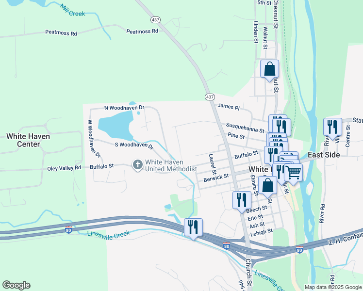 map of restaurants, bars, coffee shops, grocery stores, and more near 28 Peace Lane in White Haven