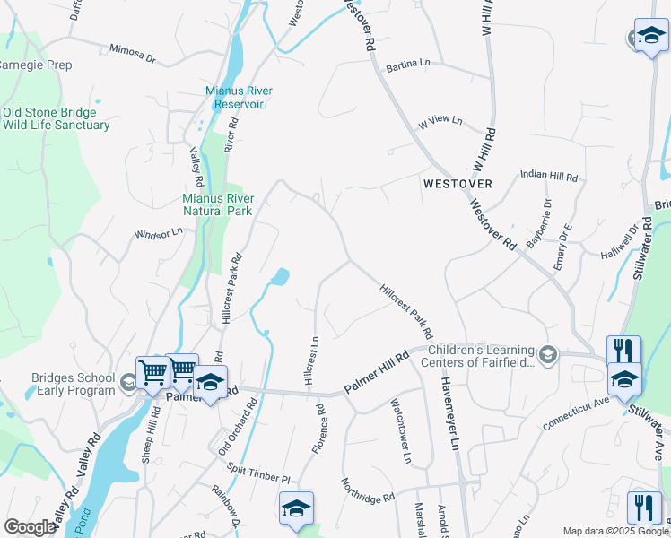 map of restaurants, bars, coffee shops, grocery stores, and more near 4 Hillcrest Lane in Greenwich