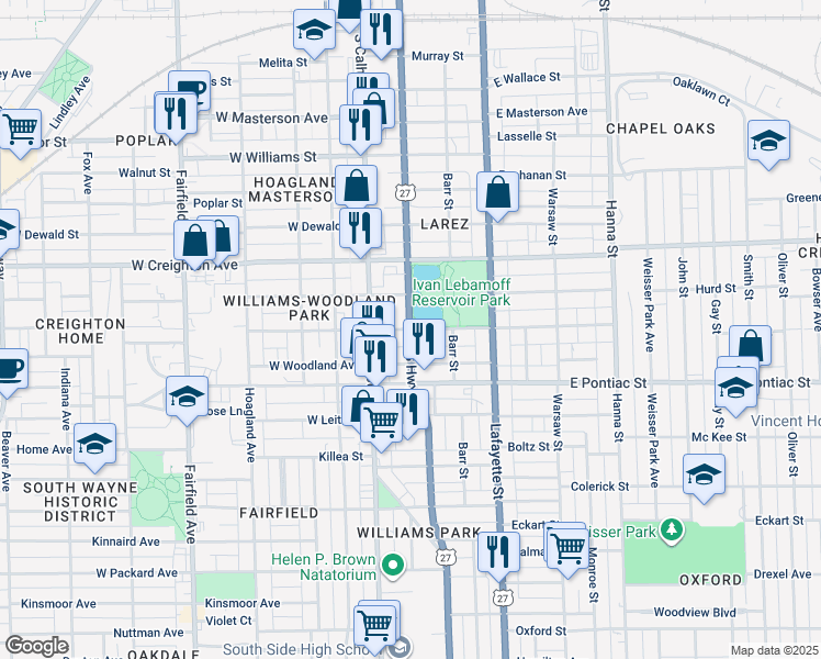 map of restaurants, bars, coffee shops, grocery stores, and more near 201 East Suttenfield Street in Fort Wayne