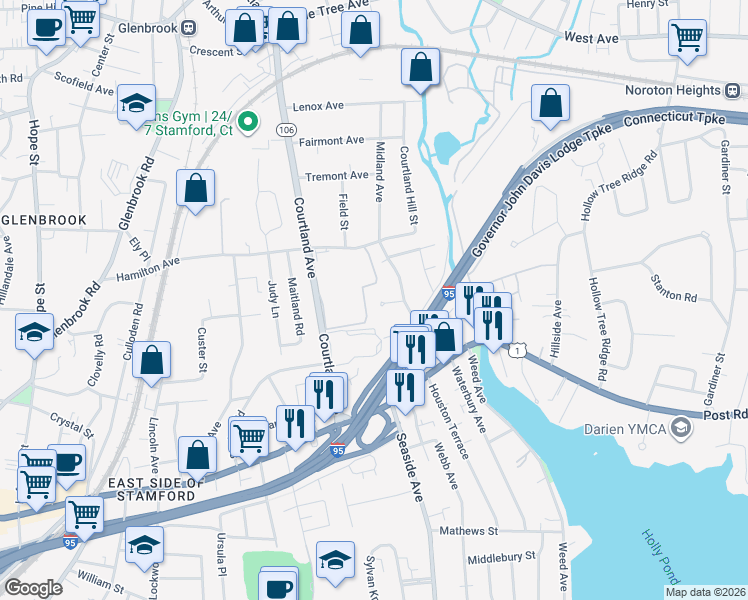 map of restaurants, bars, coffee shops, grocery stores, and more near 29 Hamilton Court in Stamford