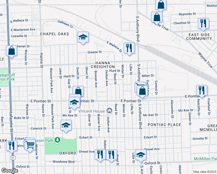 map of restaurants, bars, coffee shops, grocery stores, and more near 2527 Holton Avenue in Fort Wayne
