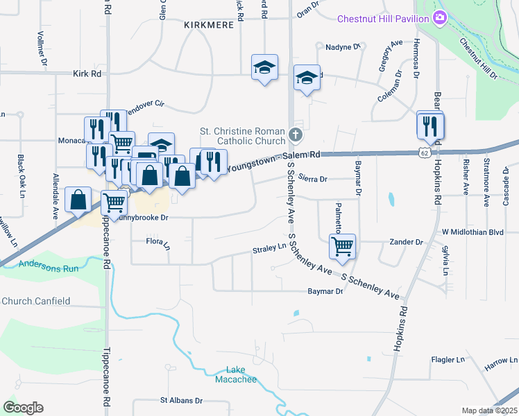 map of restaurants, bars, coffee shops, grocery stores, and more near 3783 Sunnybrooke Drive in Youngstown