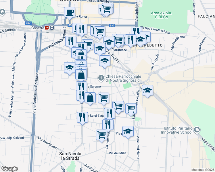 map of restaurants, bars, coffee shops, grocery stores, and more near 67 Via Salerno in Caserta