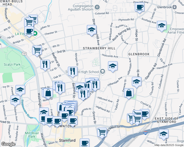 map of restaurants, bars, coffee shops, grocery stores, and more near 140 Hoyt Street in Stamford