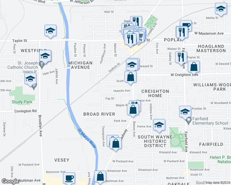 map of restaurants, bars, coffee shops, grocery stores, and more near 1307 Huestis Avenue in Fort Wayne