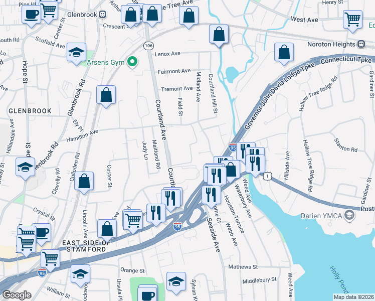 map of restaurants, bars, coffee shops, grocery stores, and more near 29 Hamilton Court in Stamford
