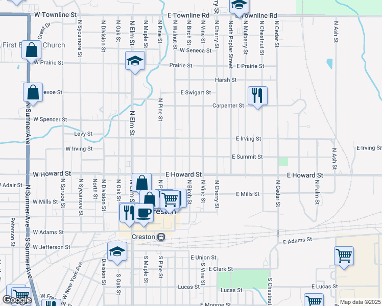 map of restaurants, bars, coffee shops, grocery stores, and more near 501 North Birch Street in Creston